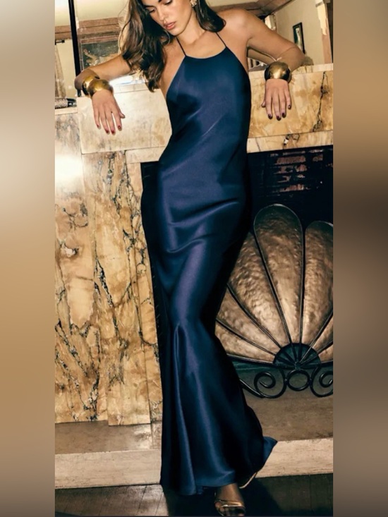Reformation Dresses & Skirts - Reformation Jeany Silk Halter Maxi Dress Navy NWT Size L Open Back Bias Cut Gown
